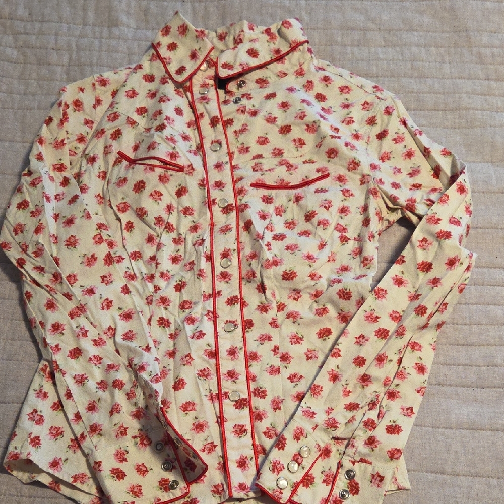 Moda International Floral Button-Up Top - Red and Cream